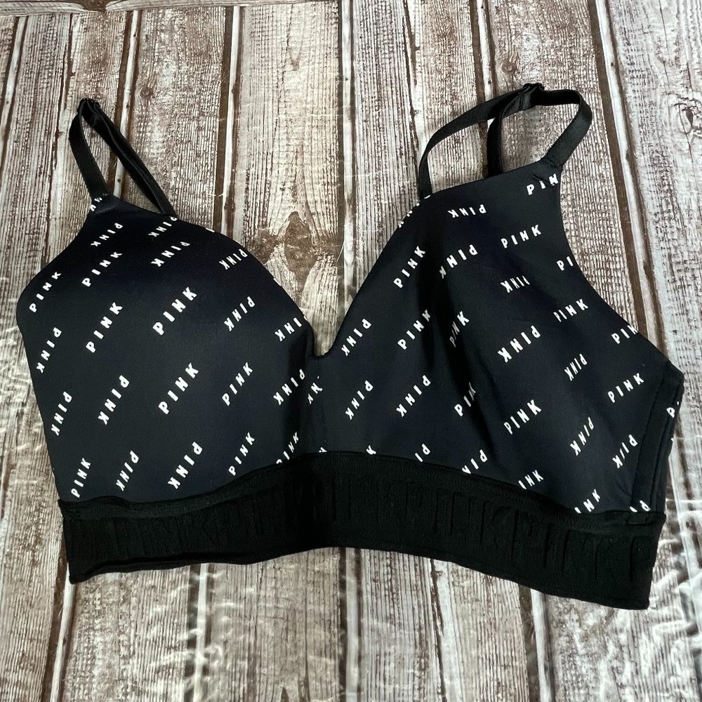 PINK VICTORIA'S SECRET 32D Wear Everywhere Wireless Lightly Lined Bra Black Logo